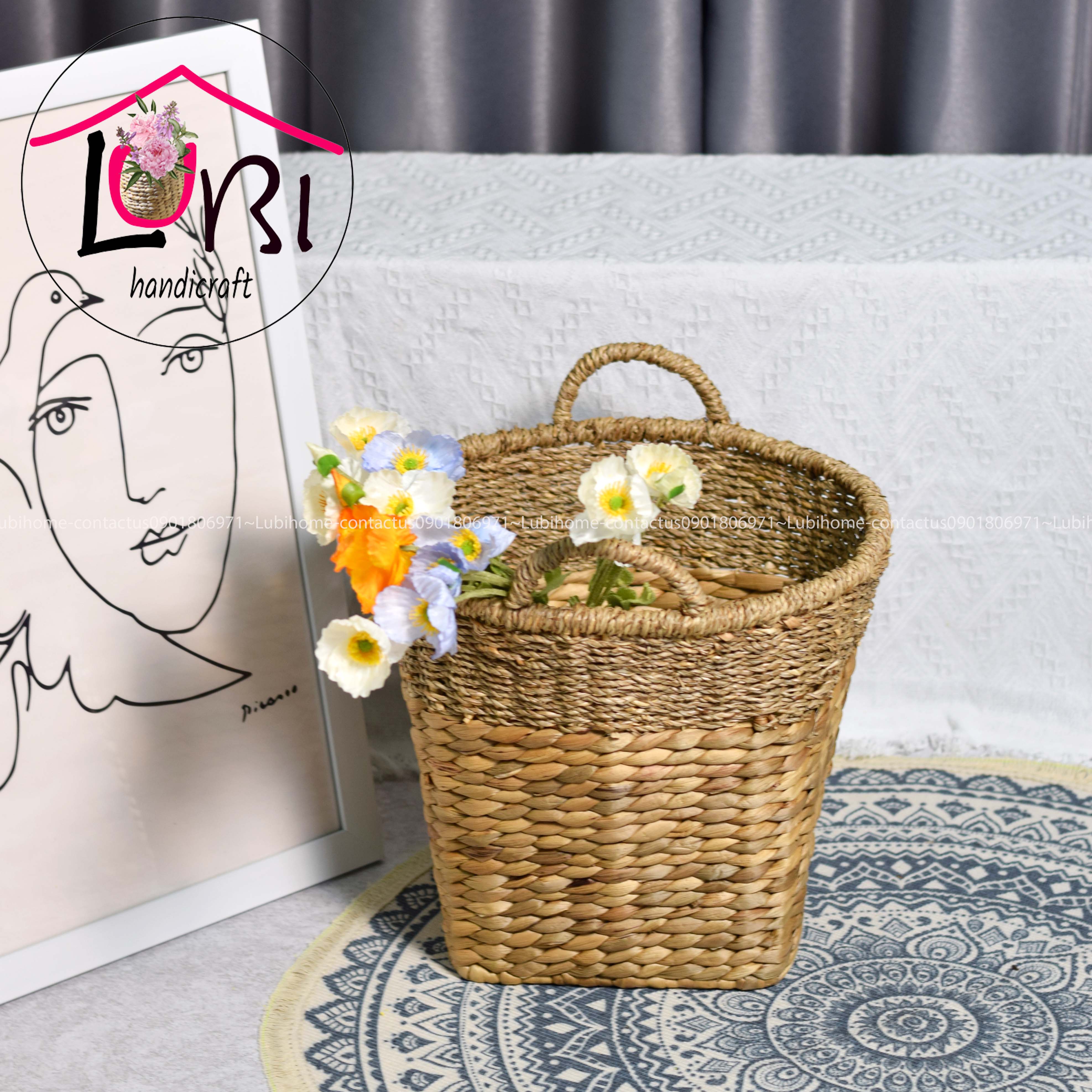 Lubihandicraft - Sọt đựng đồ lục bình kêt hợp cói miệng tròn đáy vuông - xinh xắn