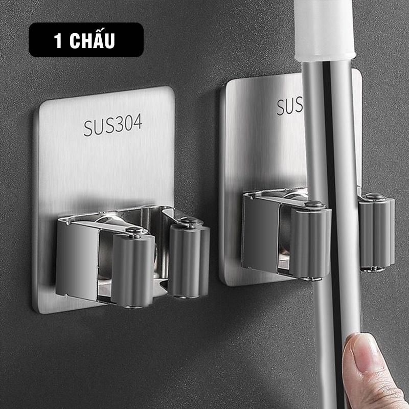 Móc treo chổi lau nhà inox 304 sử dụng keo dán tường siêu dính hoặc khoan tường chịu lưc 10kg