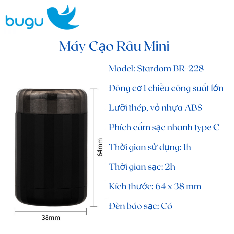 Máy Cạo Râu Mini Bugu Stardom BR-228 Ba Lưỡi Sát Chân Lông Sạc Nhanh Chống Nước - Hàng Chính Hãng