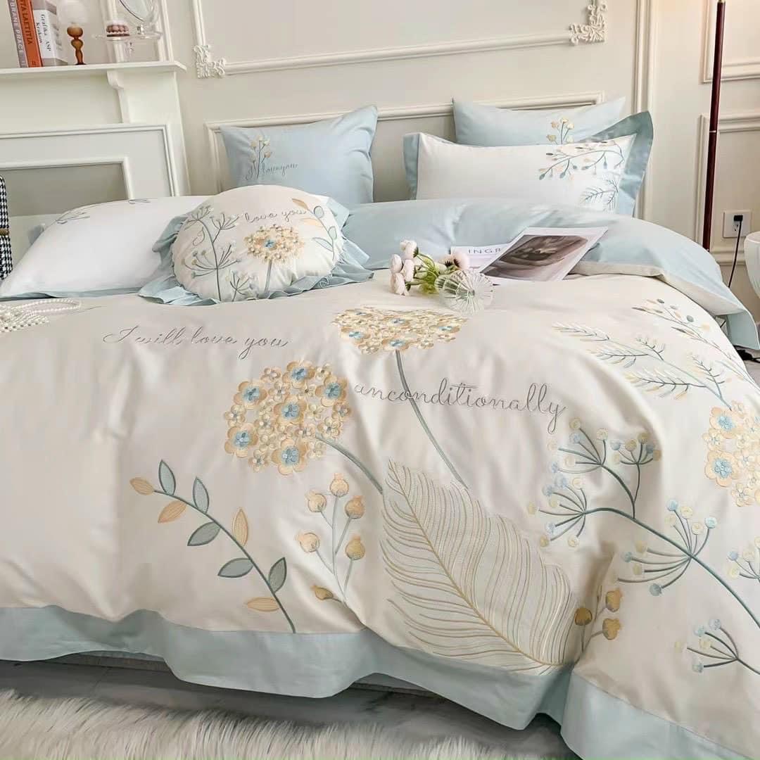 Bộ Chăn Ga Gối Đệm 5 Món Chăn Phao Lụa Sateen 80s Hin Home Bedding Drap Giường Cao Cấp