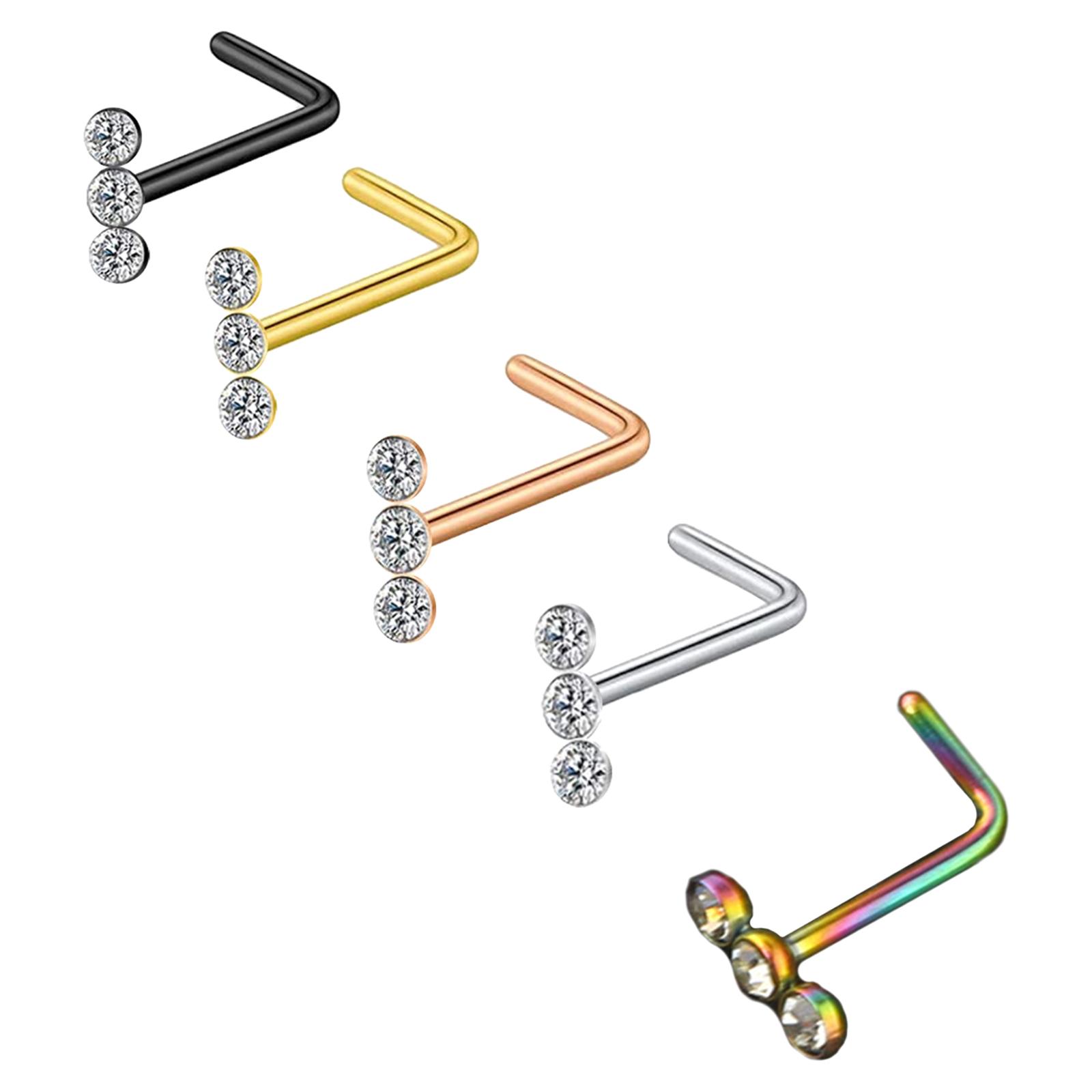 5pcs Nose Stud Stainless Steel Rhinestone Crystals L-Shape Screw Bones Piercing Jewelry for Men Women Girl 7mm