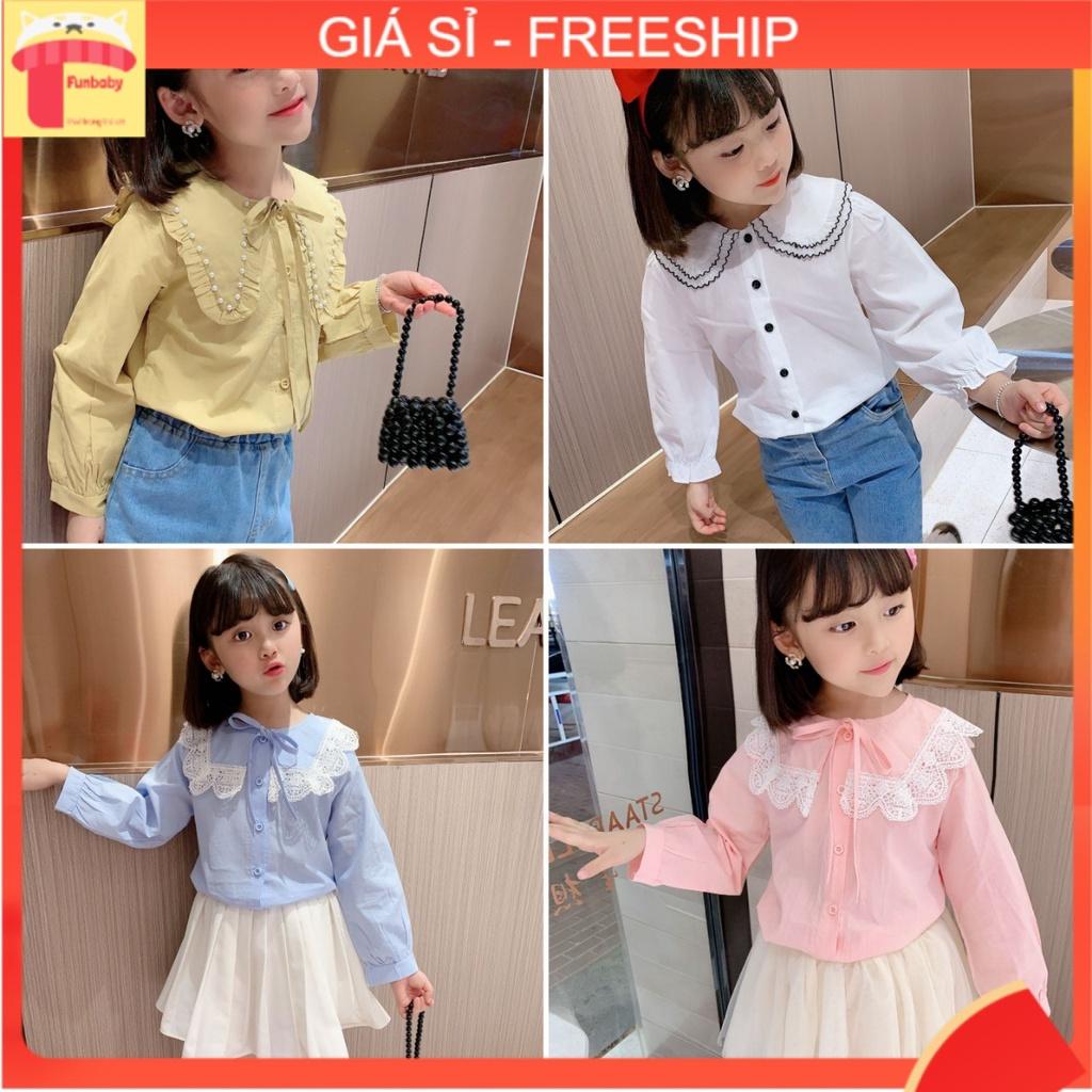 Áo sơ mi bé gái dài tay cổ phối ren 3-8 tuổi chất liệu vải thô cao cấp kiểu dáng thời trang