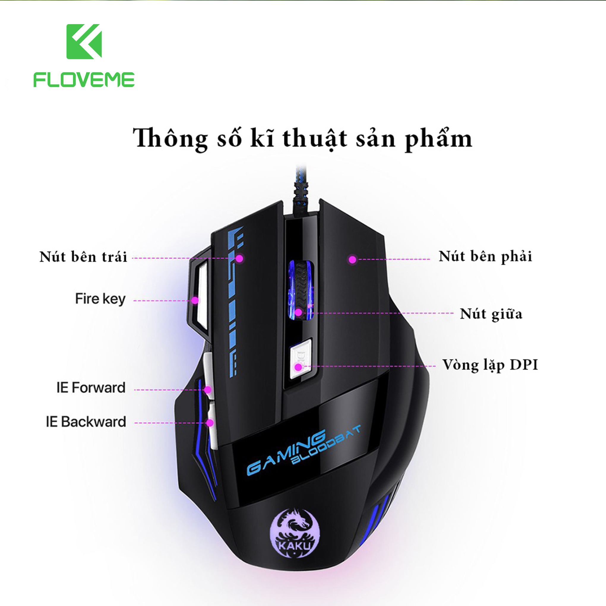 Chuột máy tính, Chuột Gaming có dây Floveme - KSC-568 Chơi game máy tính và điện thoại 7 nút, LED RGB Full màu - Hàng chính hãng