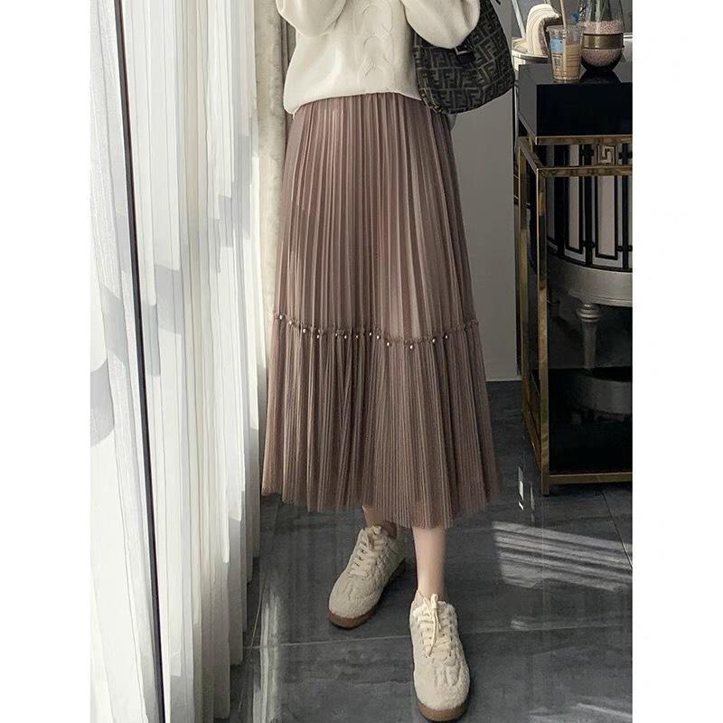 Chân váy dài Fm Style nữ xòe dáng dài lưới xếp ly đính ngọc thời trang tiểu thư phong cách Hàn Quốc 22120852