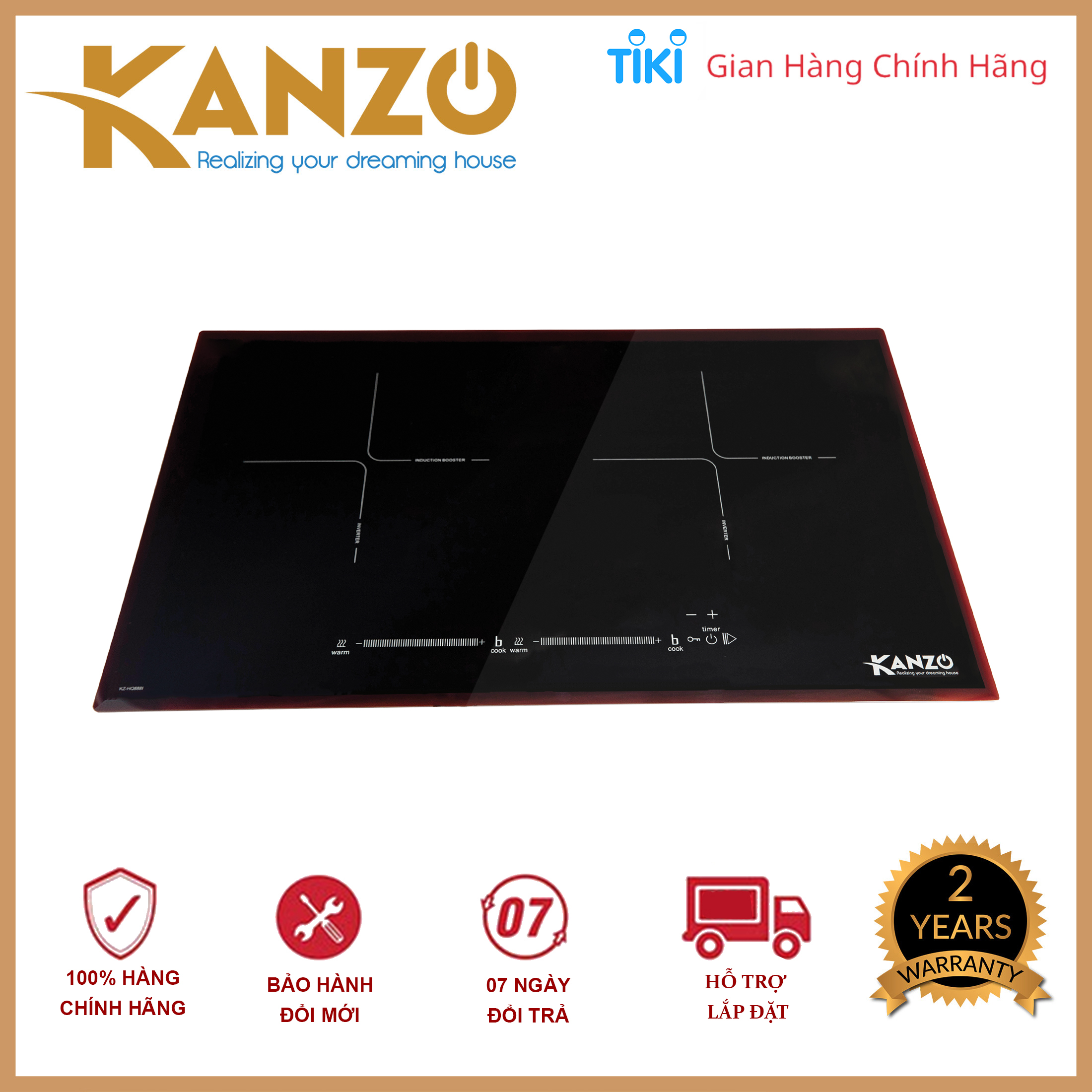 Bếp từ đôi KANZO KZ-HQ888I [Invester tiết kiệm 35% điện năng] - Khung inox 304, Kính Kanger cường lực đen bóng - Hàng chính hãng