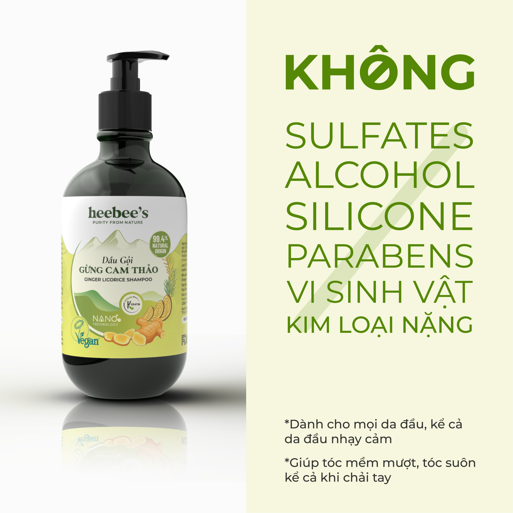 Dầu Gội Gừng Cam Thảo Heebee’s Sạch Da Đầu, Ngăn Gãy Rụng, Kích Thích Mọc Tóc, Suôn Mượt, Bảo Vệ Màu Nhuộm 300/500ml