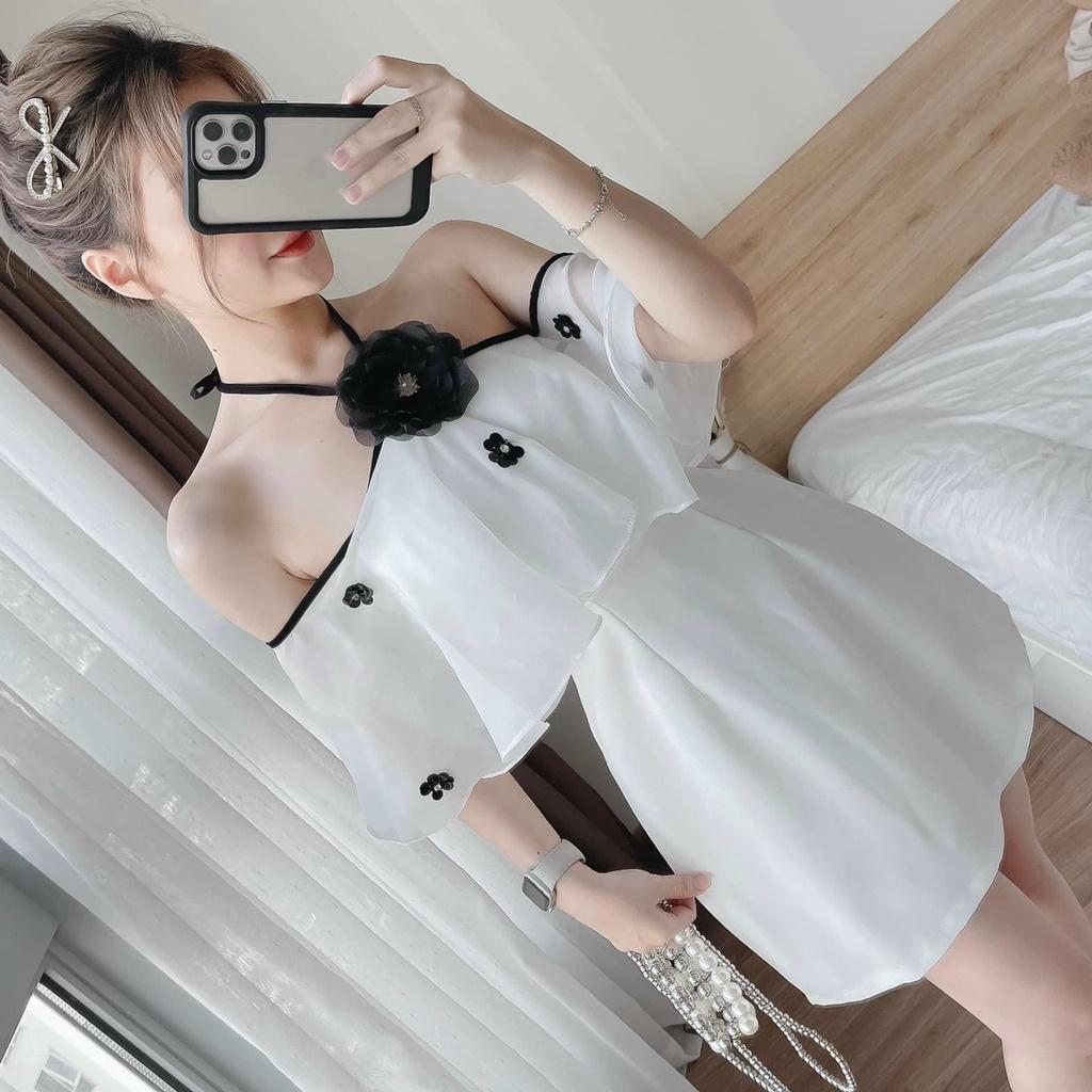 Đầm xoè viền phối bèo cổ cột nơ đính hoa