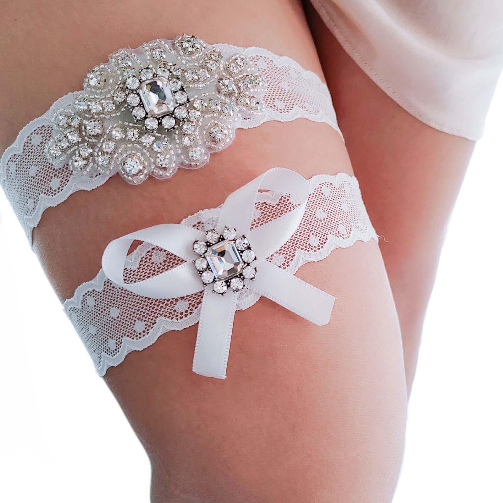 2x Wedding Bridal Garters Belt Stretch Adjustable Bridal Leg Garters Set Bowknot Lace Garters for Night Club Prom Halloween Masquerade