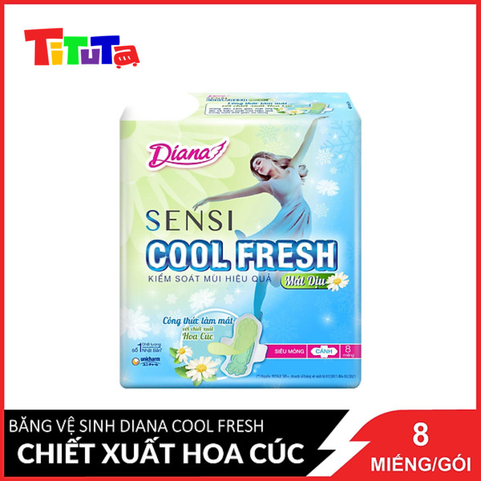 Băng vệ sinh Diana Sensi Cool Fresh Chiết Xuất Hoa Cúc mát dịu Siêu Mỏng Có Cánh 8 Miếng / Gói