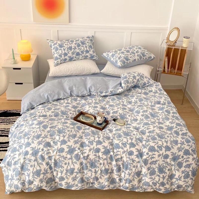 Bộ Chăn Ga Gối Cotton living 100%cotton Hàng Nhập Khẩu Cao Cấp 4 Món Hoa Hồng Vintage