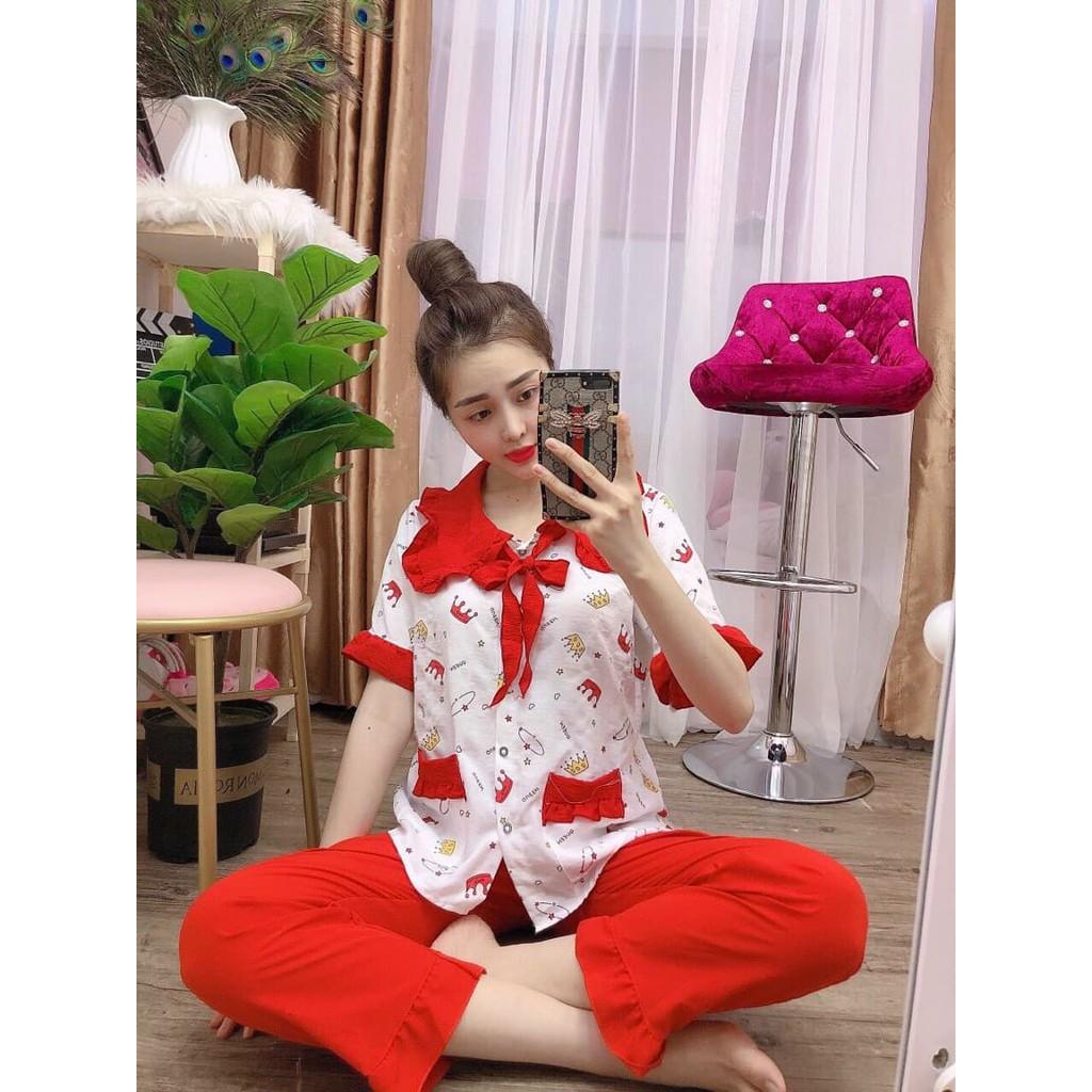 Bộ pijama đũi xốp tiểu thư cổ bèo, quần dài tay ngắn, 40 đến 59kg