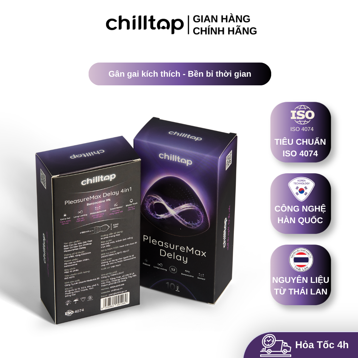 Bao cao su Chilltop PleasureMax Delay 4in1 Gân Gai, Kéo dài thời gian Hộp 10 Bao
