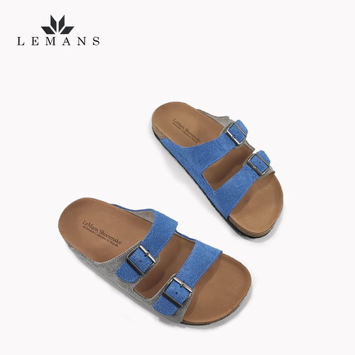 Dép Da Nubuck Phối 2 màu Xanh-Xám Đế Trấu Quai Ngang LEMANS May Sandals - Blue&amp;Grey. Quai điều chỉnh. Bảo hành 6 Tháng