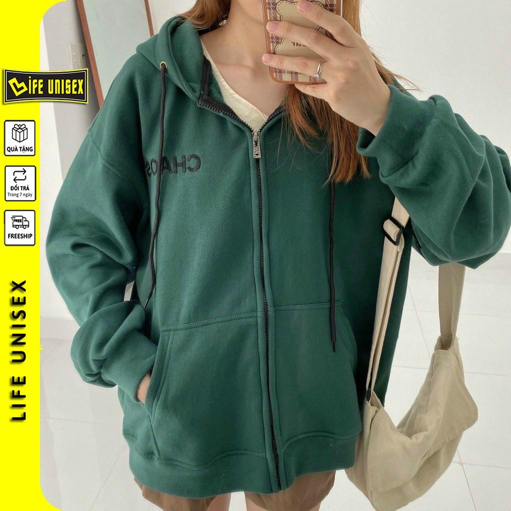 Áo khoác nỉ hoodie dây kéo THÊU CHỮ CHAOS Áo khoác Chống nắng Nam Nữ Phong cách Unisex form rộng Unisex