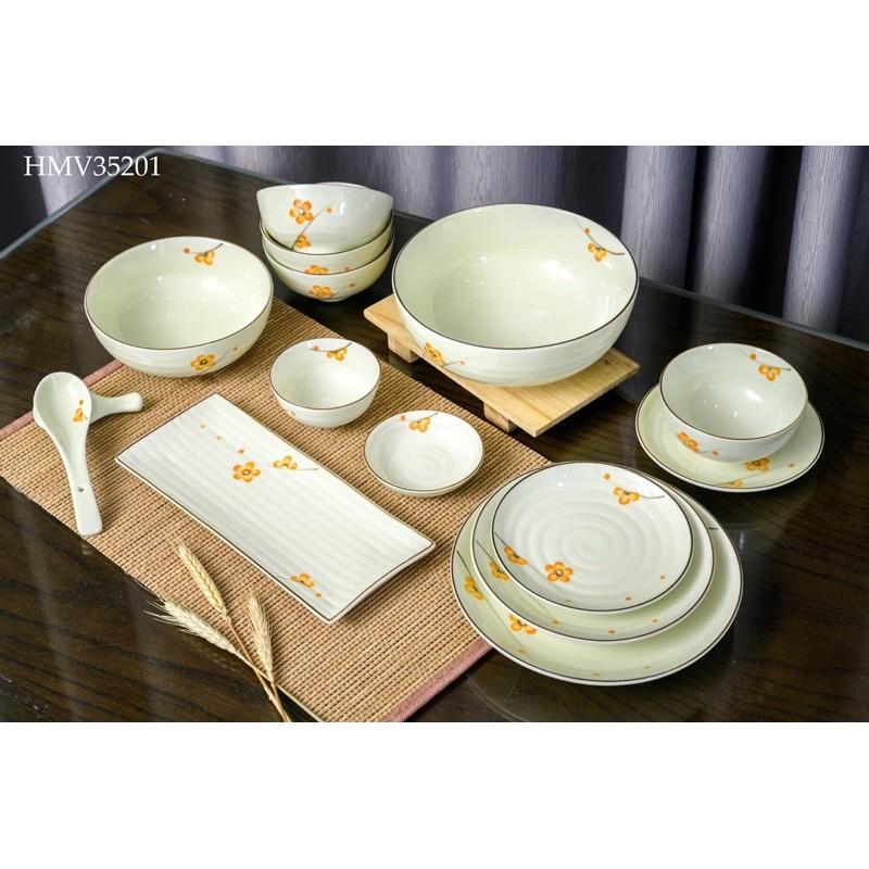 Set Bộ đồ ăn Bát Tràng men kem, họa tiết vẽ thủ công.