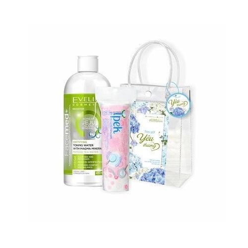 [Secret Gift] Bộ quà toner khoáng chất Magma Eveline Facemed 500ml &amp; Bông tẩy trang Ipek 80 miếng