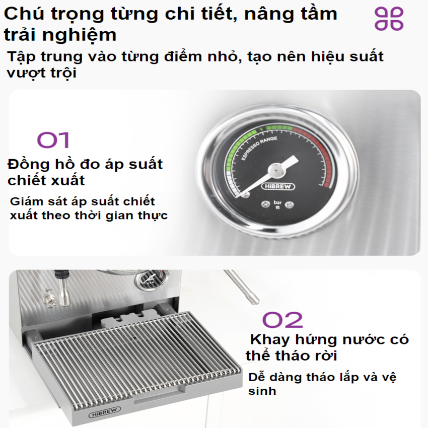 [ Hàng chính hãng] Máy pha cà phê Espresso, Cappuccino, Latte - Dòng chuyên nghiệp. Thương hiệu Mỹ cao cấp HiBREW - H21