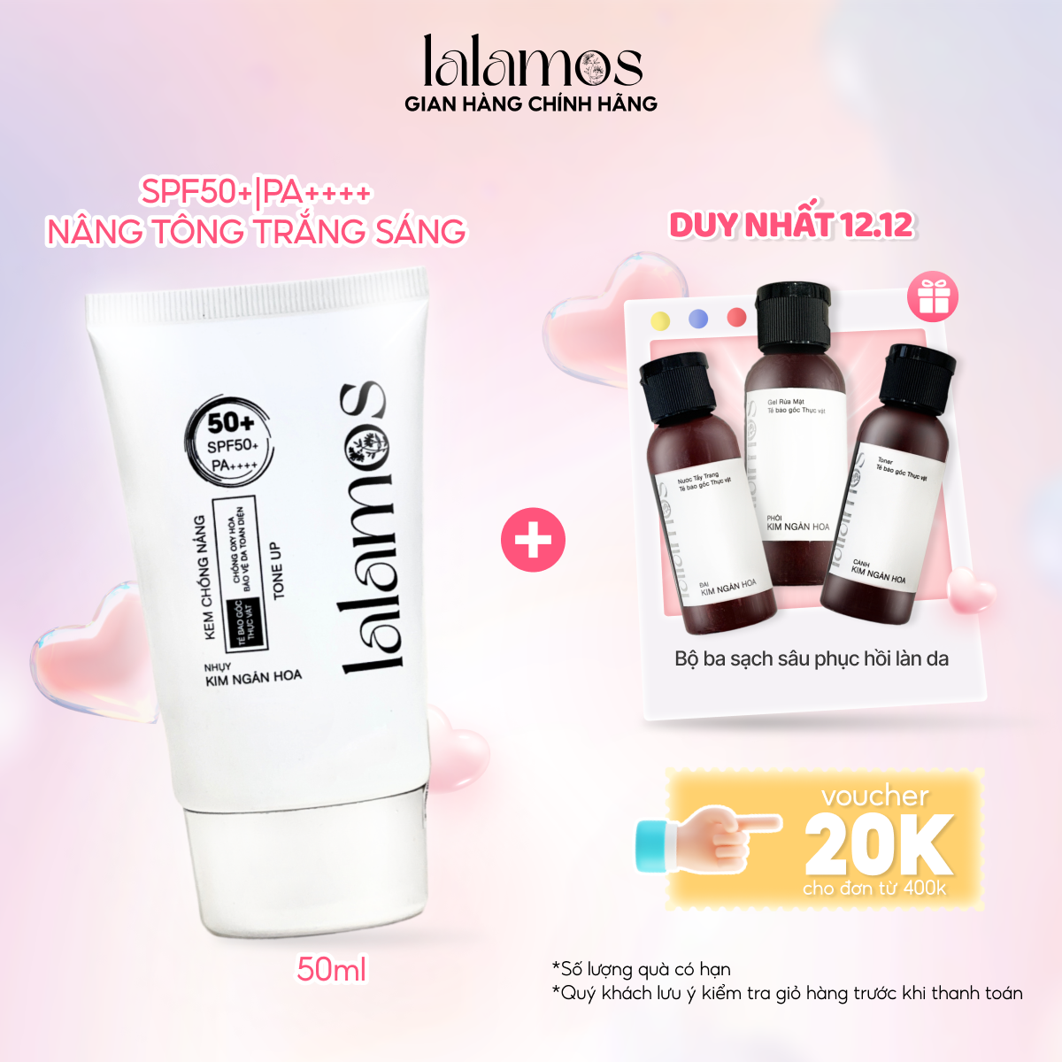 Kem chống nắng Lalamos nhụy Kim Ngân Hoa tone up unisex SPF 50+ PA++++ 50ml