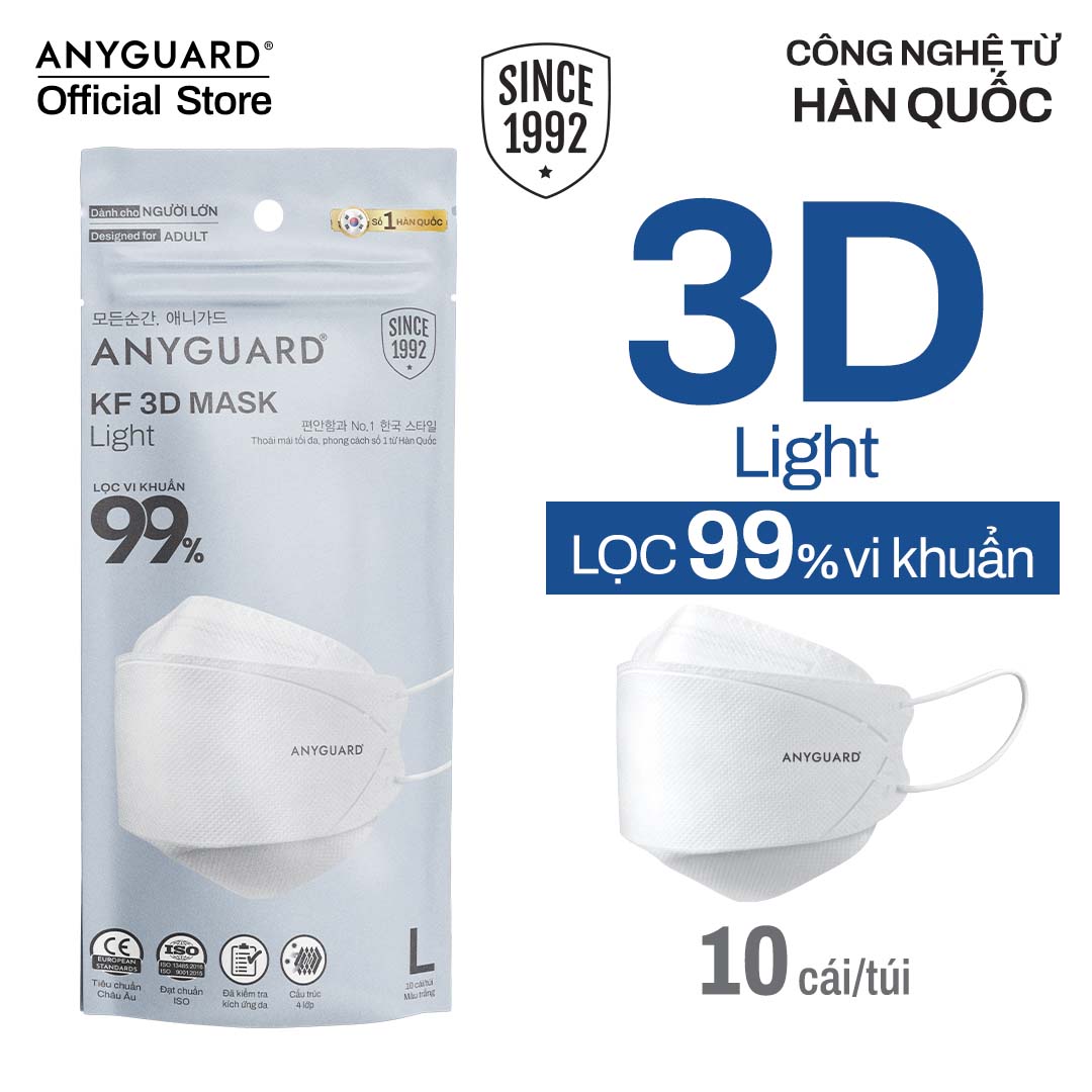 Khẩu Trang Hàn Quốc ANYGUARD, Khẩu Trang KF 3D 4 Lớp Ngăn Bụi Mịn, An Toàn Cho Da Nhạy Cảm, Màu Trắng (Túi 10 Chiếc)