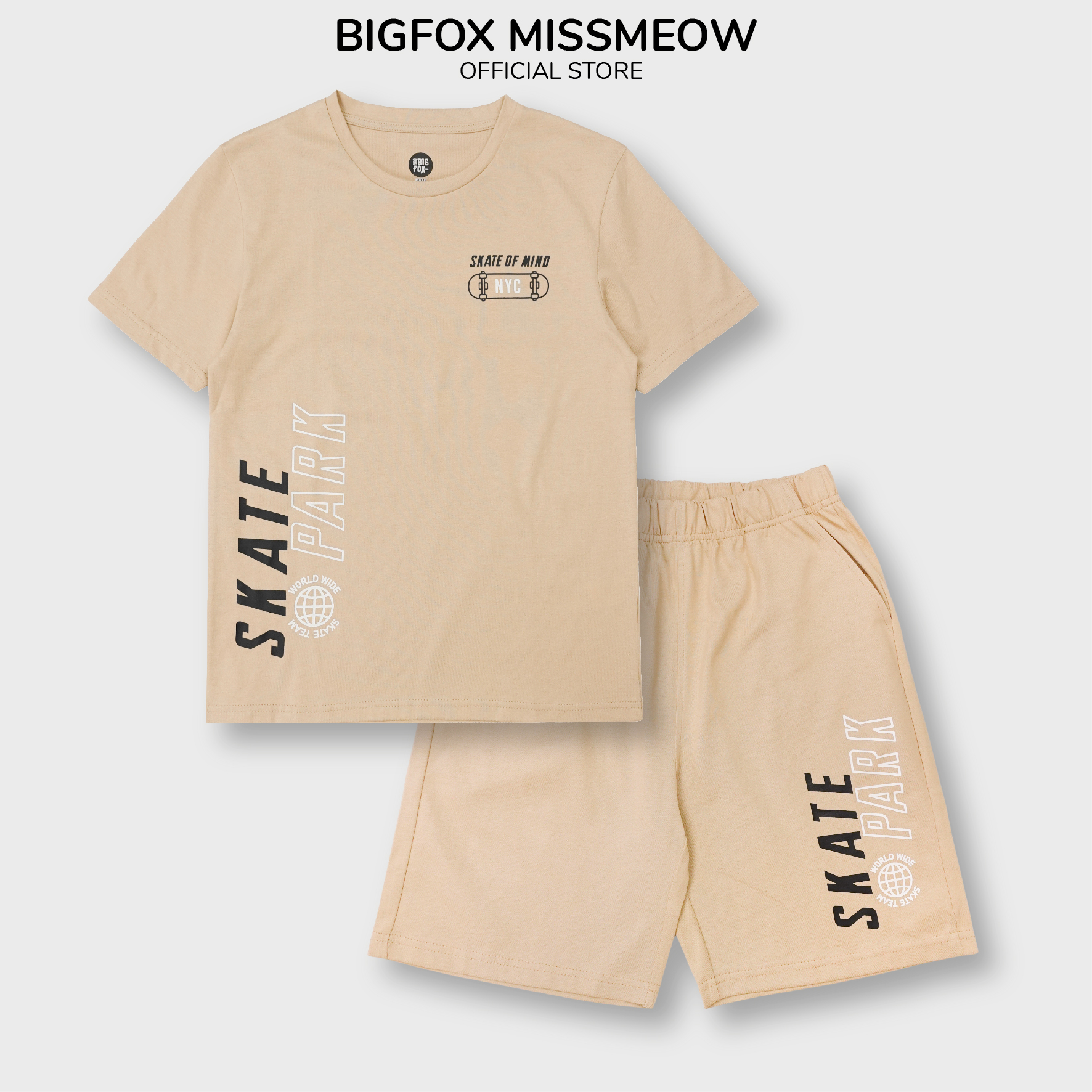 Bộ thun cho bé trai Bigfox Miss Meow size đại mặc hè dáng cộc tay xuất Hàn chất cotton in Skate cỡ 12,13,14,15 40kg 50kg 1934