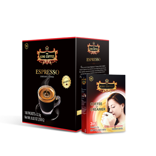 Combo 1 Hộp CFĐ HT Espresso KING COFFEE - Hộp 100 gói x 2.5g + Tặng 1 Hộp CF HT 2IN1 KING COFFEE - Hộp 15 gói x 10g