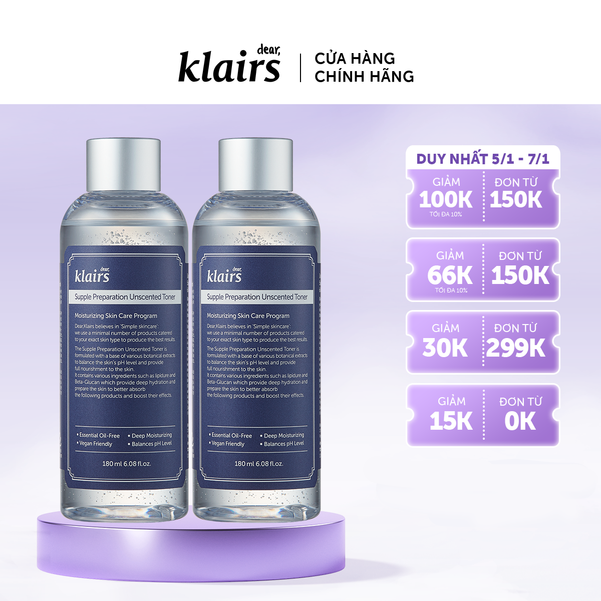 Combo 2 Nước hoa hồng Dear, Klairs Supple Preparation Unscented Toner 180ml