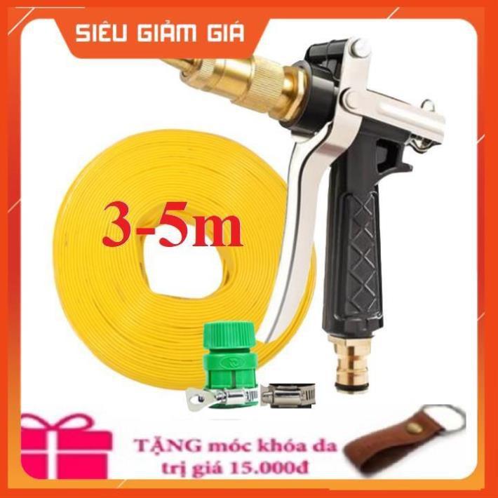 Bộ dây vòi xịt nước rửa xe, tưới cây .tăng áp 3 lần,loại 3m, 5m 206236 đầu đồng,đai,nối nhựa vàng+ tặng móc khoá