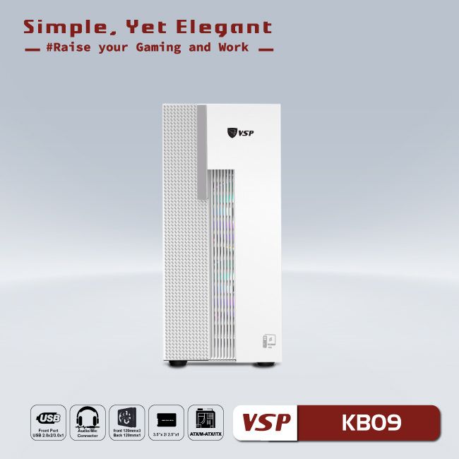 Vỏ máy tính Case VSP KB09 [TRẮNG] Gaming (ATX/M-ATX/ITX) Kính cường lực (Không kèm FAN) - Hàng chính hãng VSP phân phối