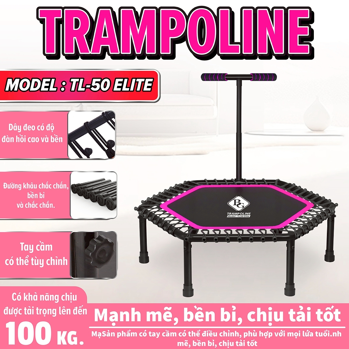 BG Sàn nhún  TRAMPOLINE 50INCH PINK, Đệm bật nhún cao cấp có tay cầm dành cho mọi lứa tuổi  (hàng nhập khẩu)
