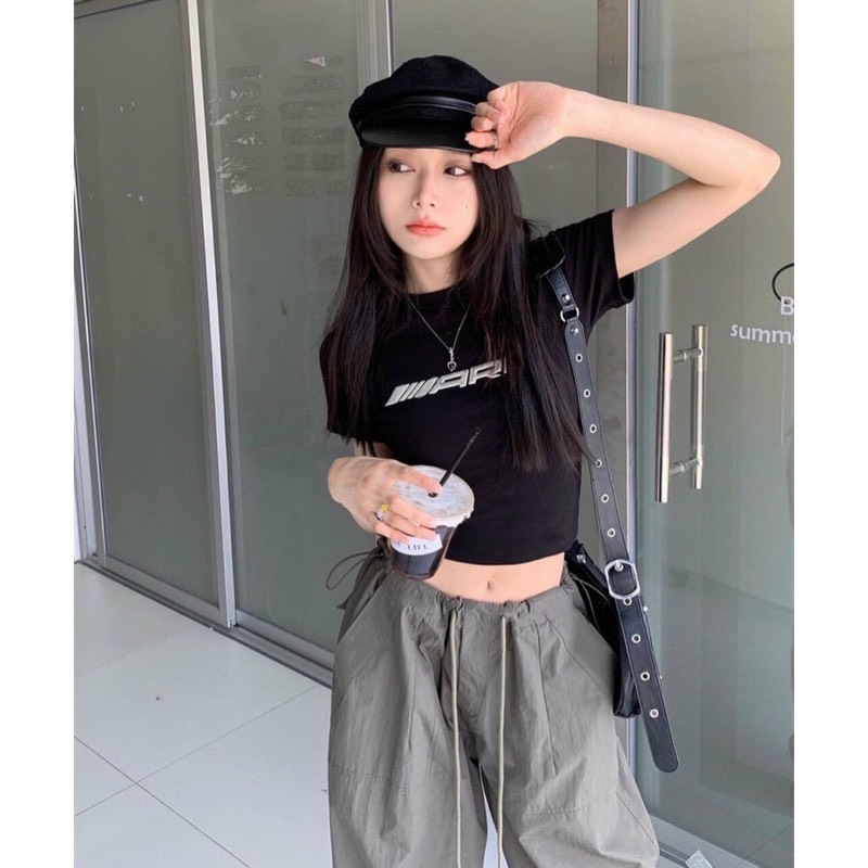 SET QUẦN DÀI ỐNG RỘNG LƯNG CAO DÂY RÚT XÁM TRƠN + ÁO CROPTOP TAY NGẮN ÔM BODY ĐEN THỂ THAO ĐI BIỂN DẠO PHỐ ĐI CHƠI ĐI TIỆC