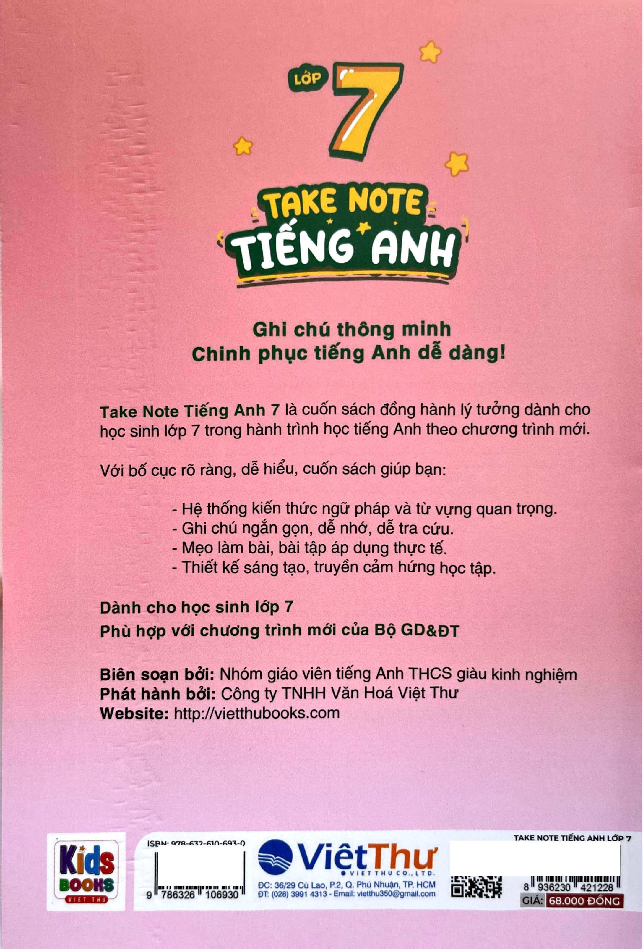 Sách - Takenote Tiếng Anh - Dễ Học-Dễ Nhớ-Dễ Hiểu - Lớp 7