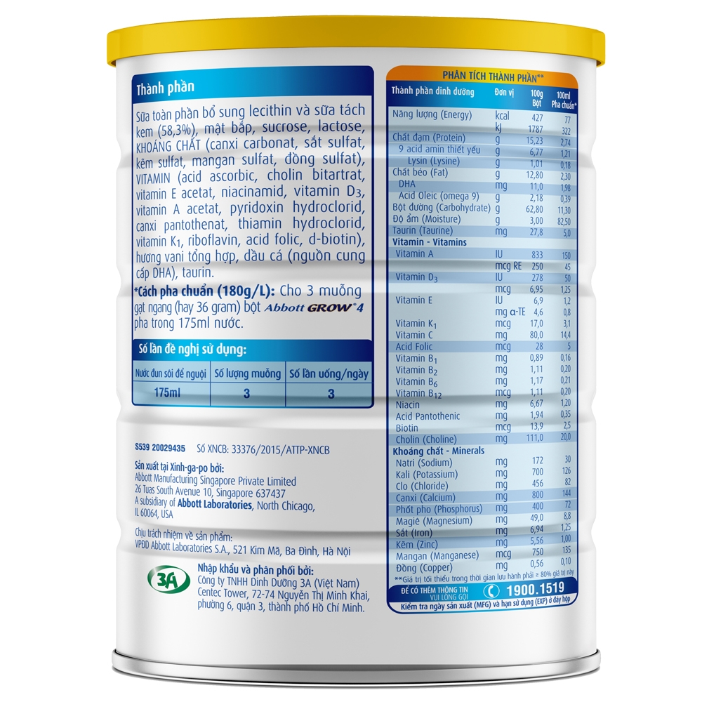 Sữa Bột Abbott Grow 4 (trên 2 tuổi) 900g combo 3 lon