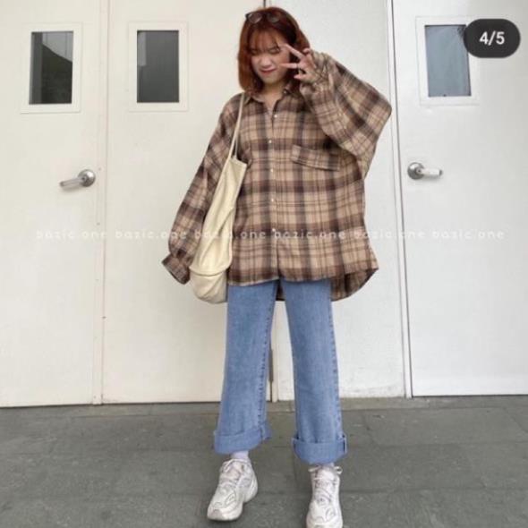 Áo sơ mi caro tay phồng siêu rộng, áo somi caro form rộng tay phồng + VIDEO, Áo Sơ Mi Tay Dài Form Rộng Họa Tiết Sọc Caro Trắng Đen Phong Cách Hàn Quốc Có 2 Màu