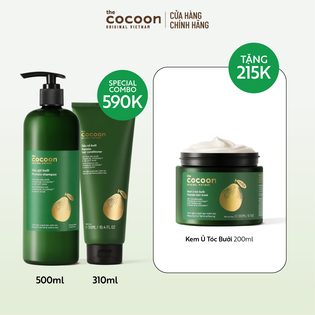 SPECIAL COMBO gội bưởi 500ml + xả bưởi 310ml Cocoon tặng 1 Kem ủ tóc bưởi Cocoon giảm gãy rụng và làm mềm tóc 200ml