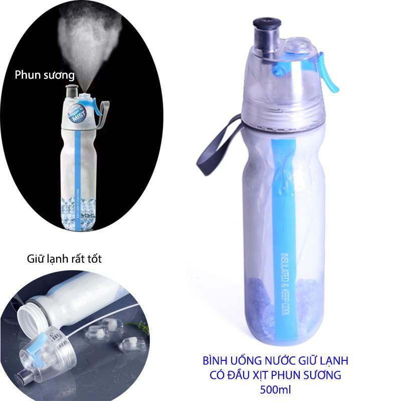 BÌNH ĐỰNG NƯỚC UỐNG GIỮ LẠNH CÓ ĐẦU XỊT PHUN SƯƠNG FB041-500ML, THÂN 3 LỚP NHỰA PE + MÀNG NHÔM + NHỰA PC