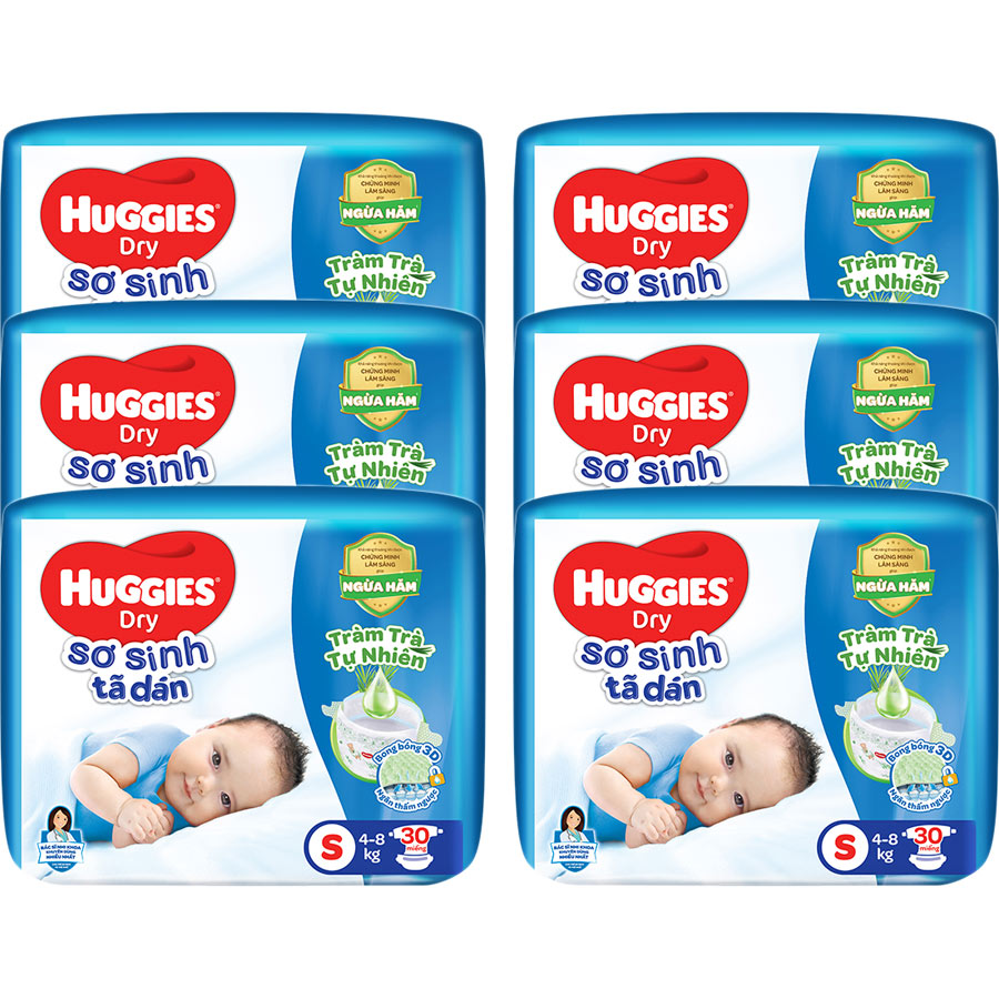 Combo 6 Tã dán sơ sinh Huggies S30 (4kg - 8kg) - Gói 30 miếng Tràm Trà