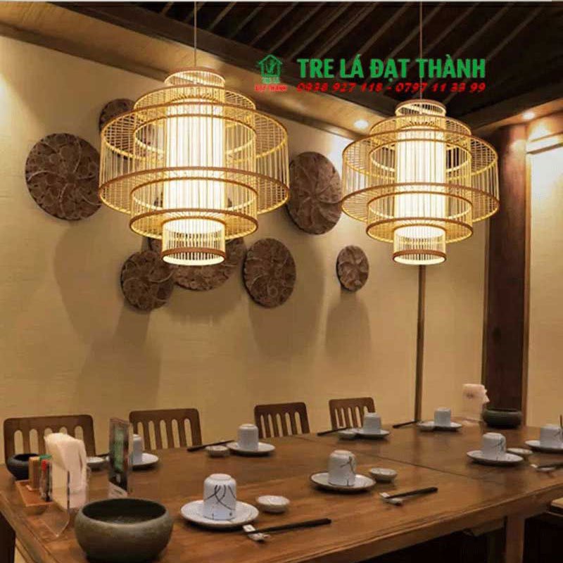 Lồng đèn tăm tre trang trí nhiều tầng, chụp đèn trang trí quán cà phê kiểu dáng mộc mạc