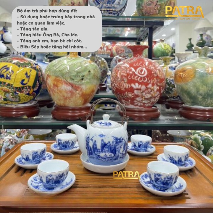 Bộ ấm chén uống trà cao cấp , bộ ấm trà Bát Tràng - trúc lâm thất hiền quai sách