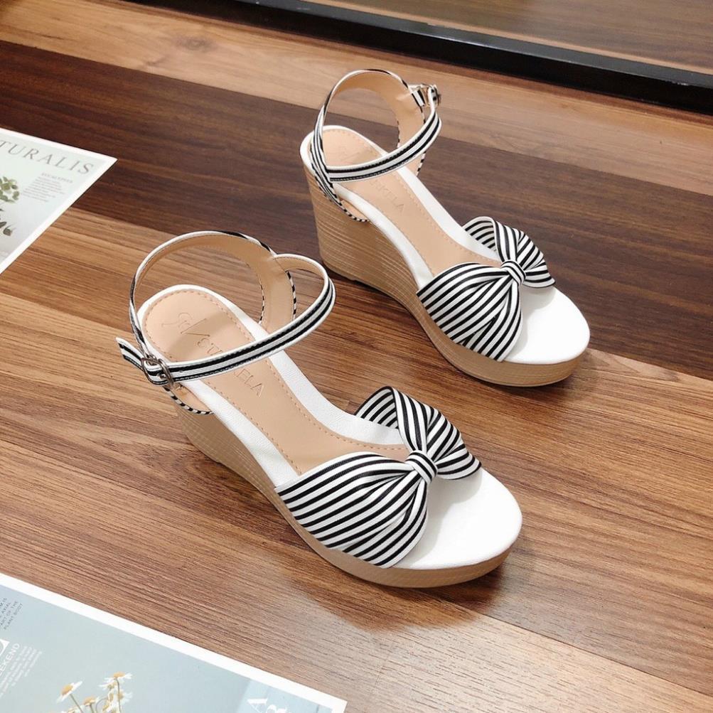 Sandal cao gót , Sandal nữ đế xuồng 9P quai nơ sọc cực chất đế nhẹ, mang êm chuẩn size phom đẹp