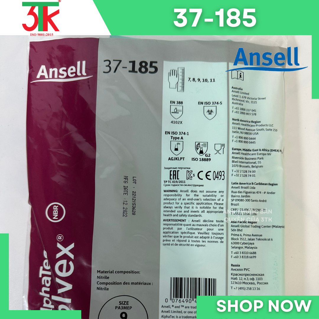 Găng tay cao su Nitrile Ansell 37-185 chống hóa chất , chống dầu , chống nước,  lót cotton thấm hút mồ hôi tốt