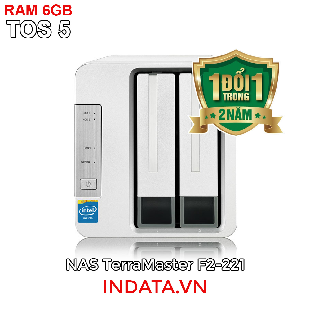 Bộ lưu trữ mạng NAS TerraMaster F2-221, Intel Dual-core 2.0GHz, 6GB RAM, LAN 2x 1GbE, 2 khay ổ cứng RAID 0,1,JBOD,Single - Hàng chính hãng