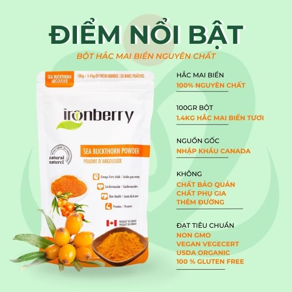 Bột Hắc Mai Biển nguyên chất nhập khẩu Canada bột trái cây bổ sung vitamin IRONBERRY seabuckthorn powder (100gr)