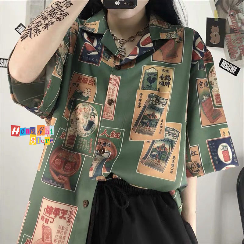 Áo Sơ Mi Hoạ Tiết Tay Lỡ Dáng Rộng, Sơ Mi Tay Lửng Unisex - MM