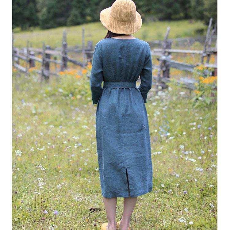 Đầm suông linen cổ tim tay lỡ kèm đai rời, thời trang phong cách trẻ - Xanh coban