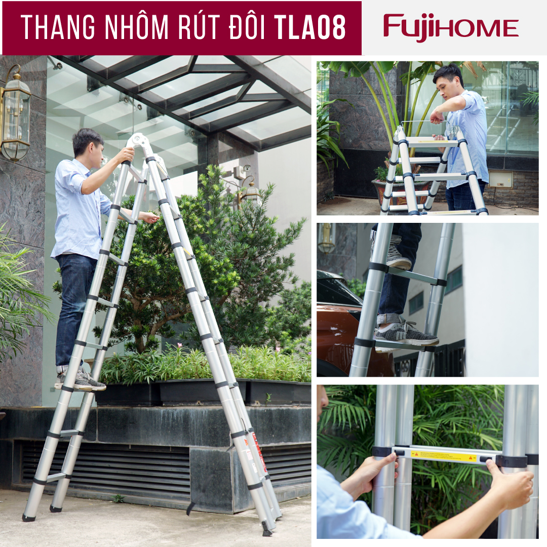 Thang nhôm rút gọn chữ A  FUJIHOME TLA08 ( Chiều cao chữ A  2,5m - Cao chữ I 5m, Khóa an toàn, đế chống trượt) Hàng Chính hãng