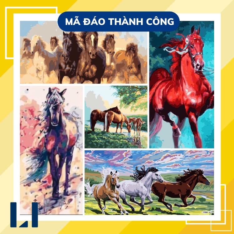 Tranh sơn dầu số hoá có khung -Tranh tô màu theo số ngựa, mã đáo thành công