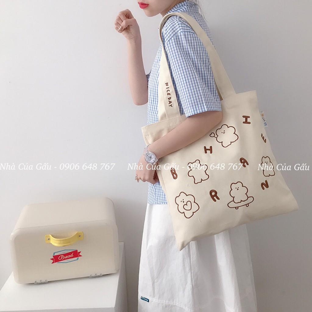 Túi xách tote vải canvas xịn hình gấu kèm chữ siêu đẹp