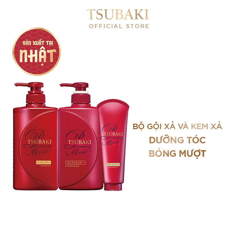 Bộ Ba Chăm Sóc Tóc Dưỡng Tóc Bóng Mượt TSUBAKI Gội Xả (490ml/chai) + Kem Xả 180g