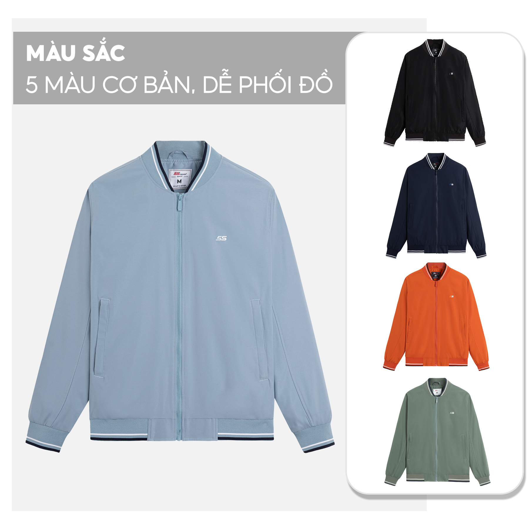 Áo Khoác Bomber Nam 5S, Chất Liệu Cao Cấp, Cản Gió, Chống Bám Bụi, Thiết Kế Basic Trẻ Trung, Lịch Lãm