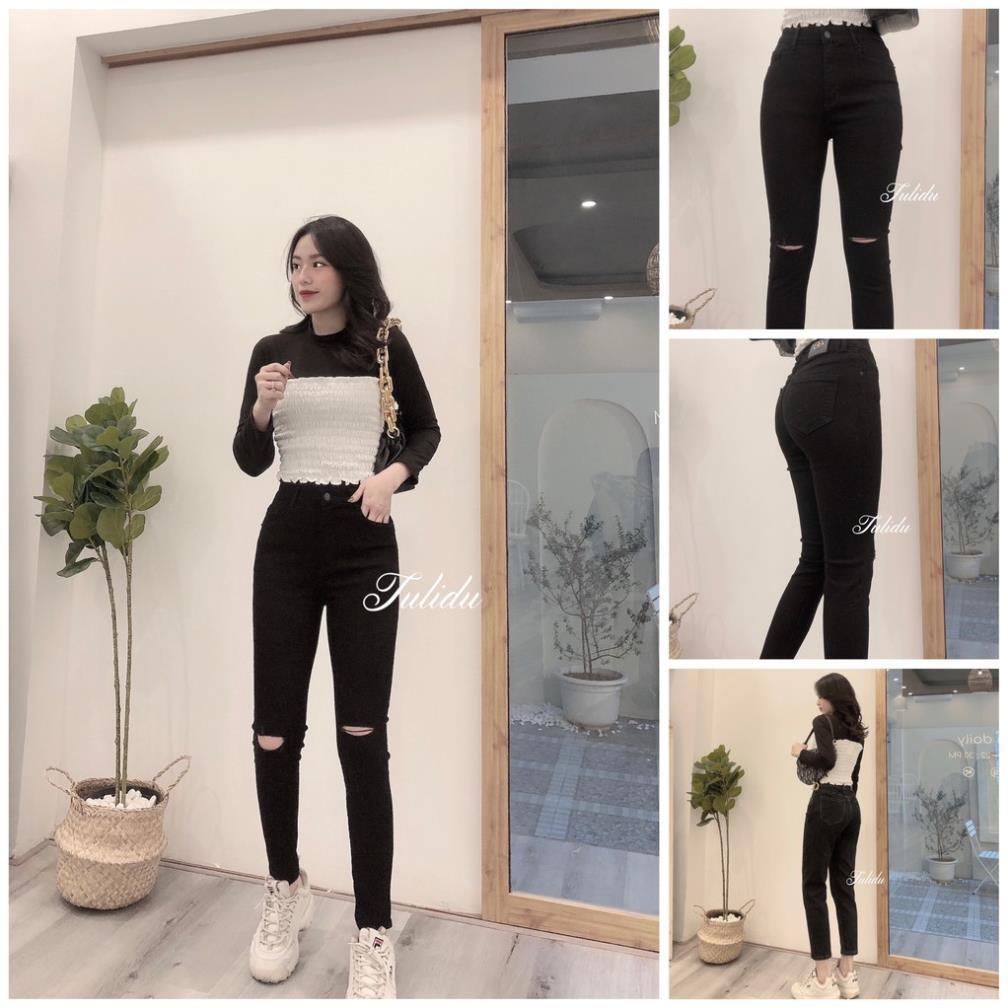 Quần Jean Nữ Lưng Cao Dáng Ôm Đen Rách Gối Co Giãn Quần Bò Nữ Cạp Cao Skinny